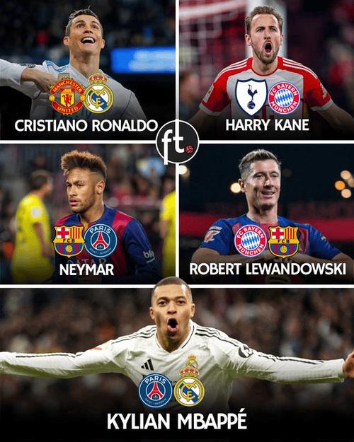 姆巴佩成历史第5位，在2家不同俱乐部都进20+个欧冠进球球员